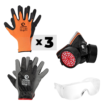 Перчатки, очки, респиратор